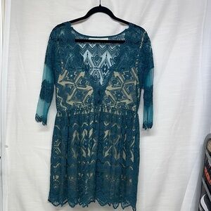 Jen's Pirate Booty Teal Geometric Lace Dress see Measurements ( oversized)